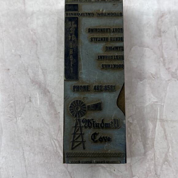 Windmill Cove Restaurant Stockton CA Letterpress Matchbook Printers Block SF5